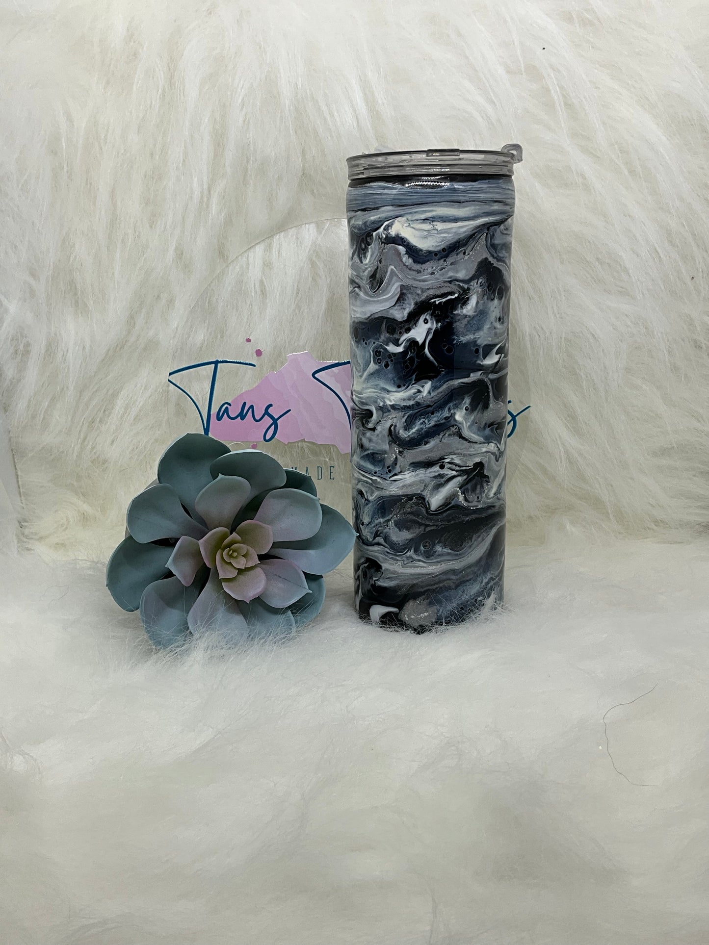 Black White and Silver Alcohol Swirl Resin Tumbler