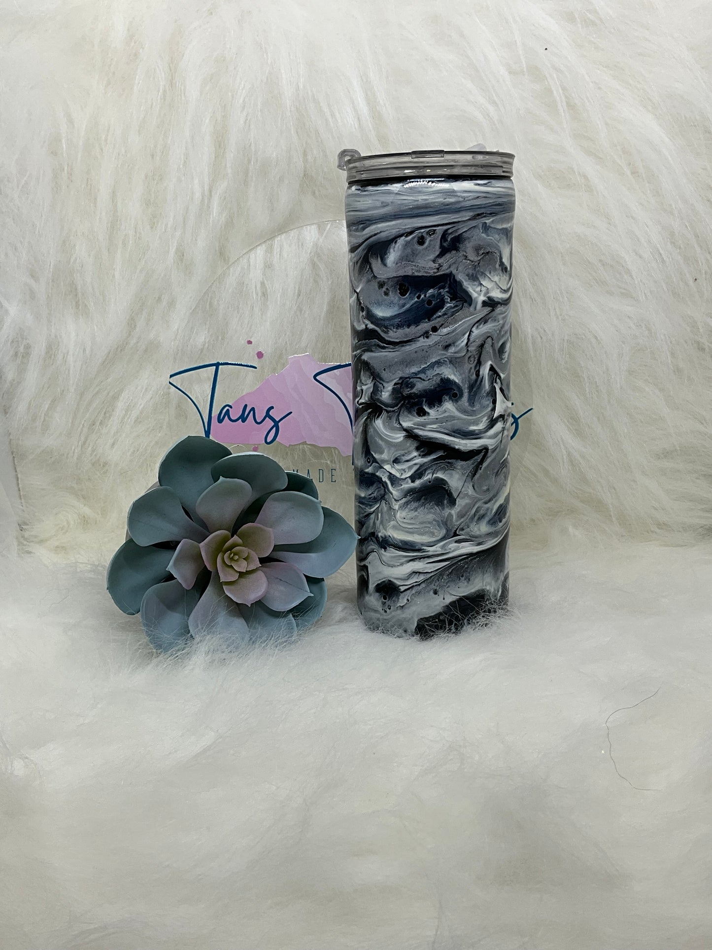 Black White and Silver Alcohol Swirl Resin Tumbler