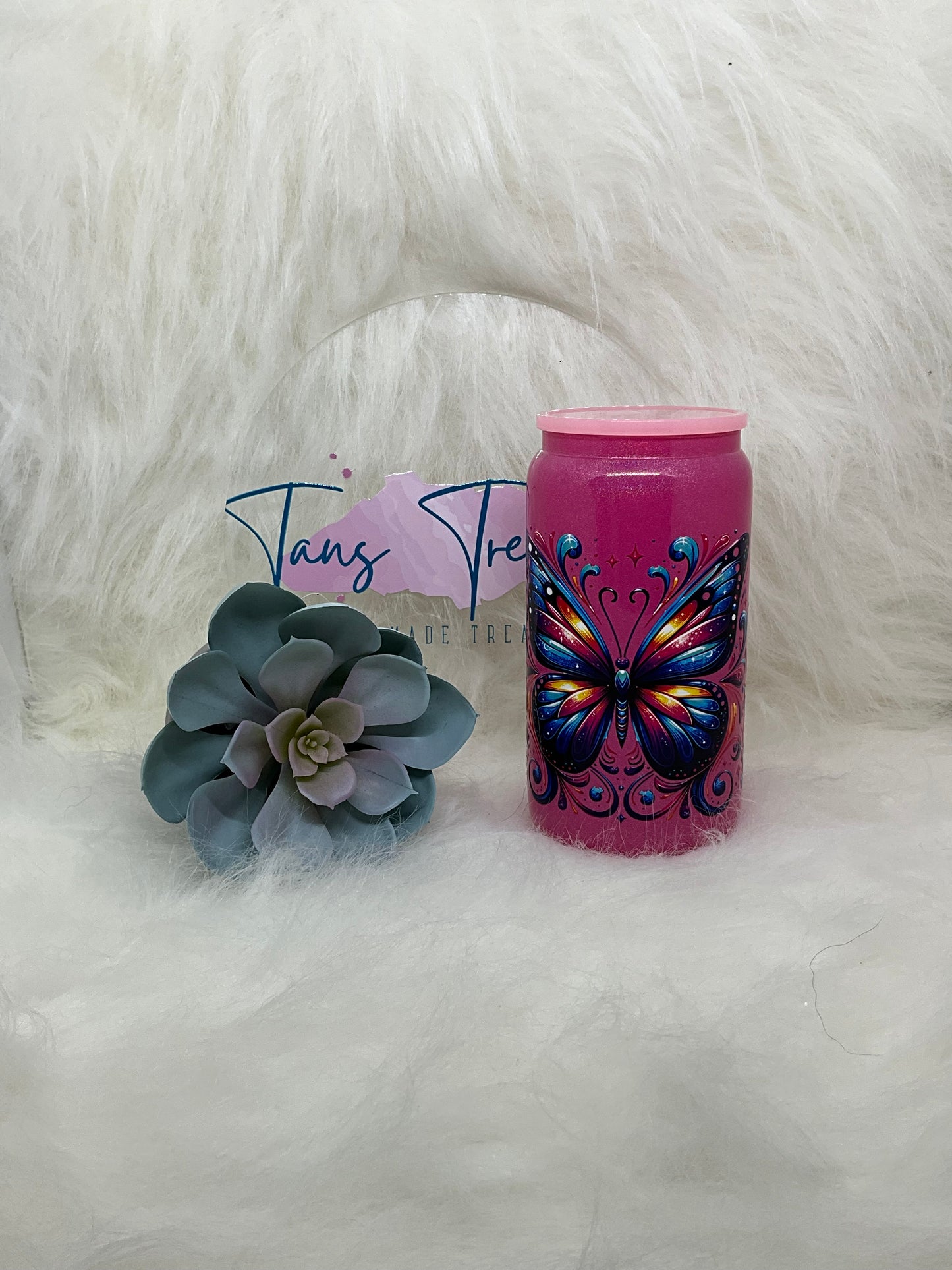Pink Butterfly Glass Libbey Tumbler
