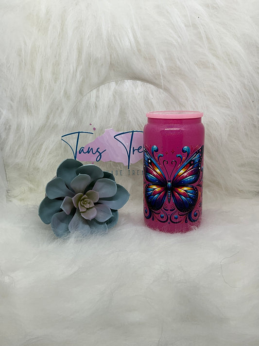 Pink Butterfly Glass Libbey Tumbler