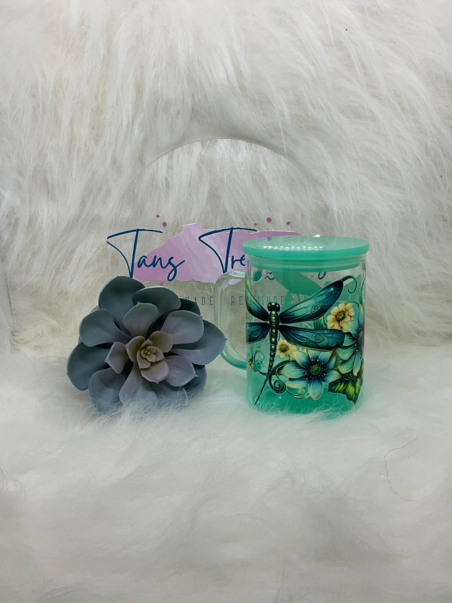Green Moth and Floral handled Glass Tumbler