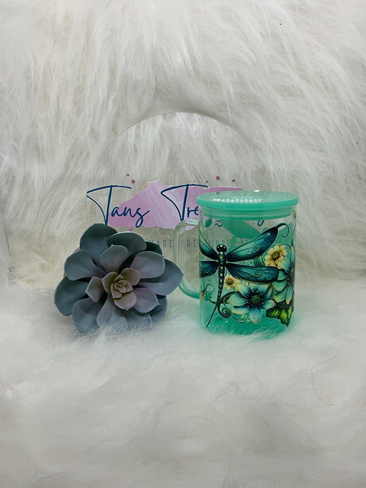 Green Moth and Floral handled Glass Tumbler