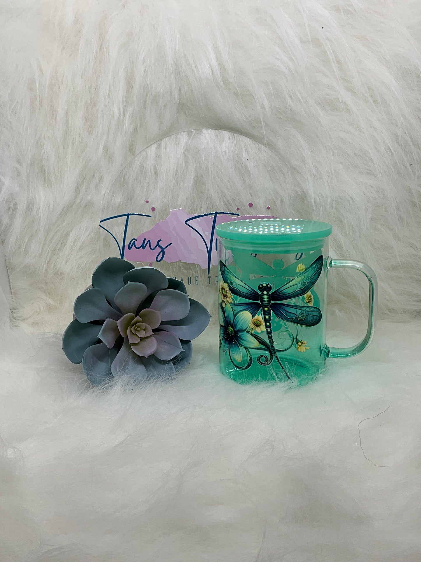 Green Moth and Floral handled Glass Tumbler